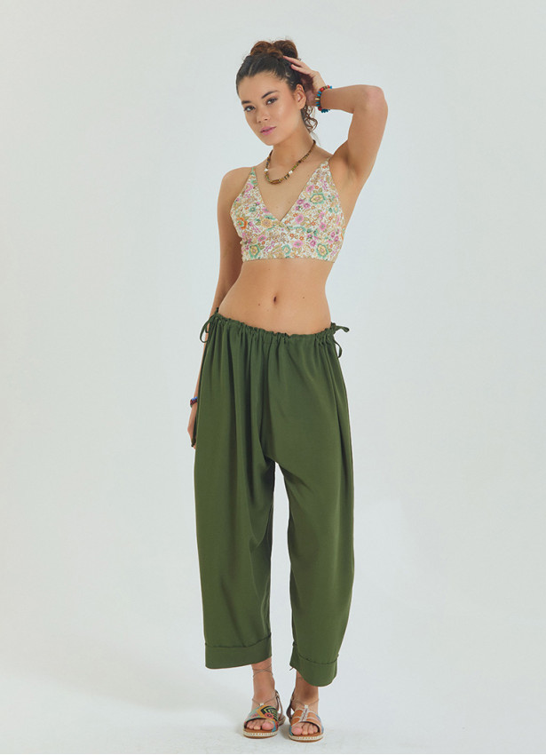 Green Women's Casual Trousers with Adjustable Waist and Rope Detail 4580